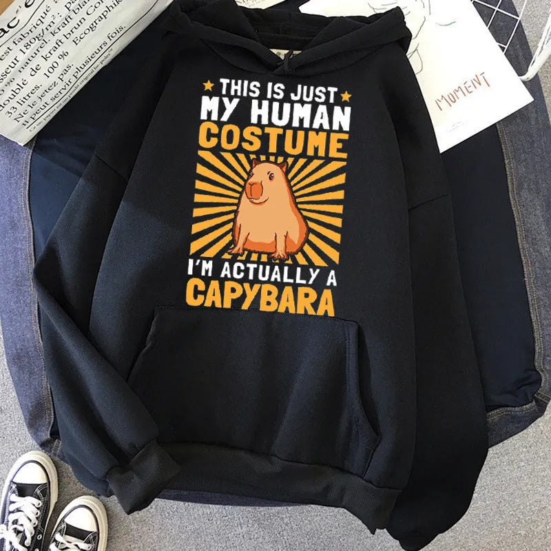 Grey capybara hoodie for women Korean hip hop anime harajuku casual pullover with hood and side pockets on model