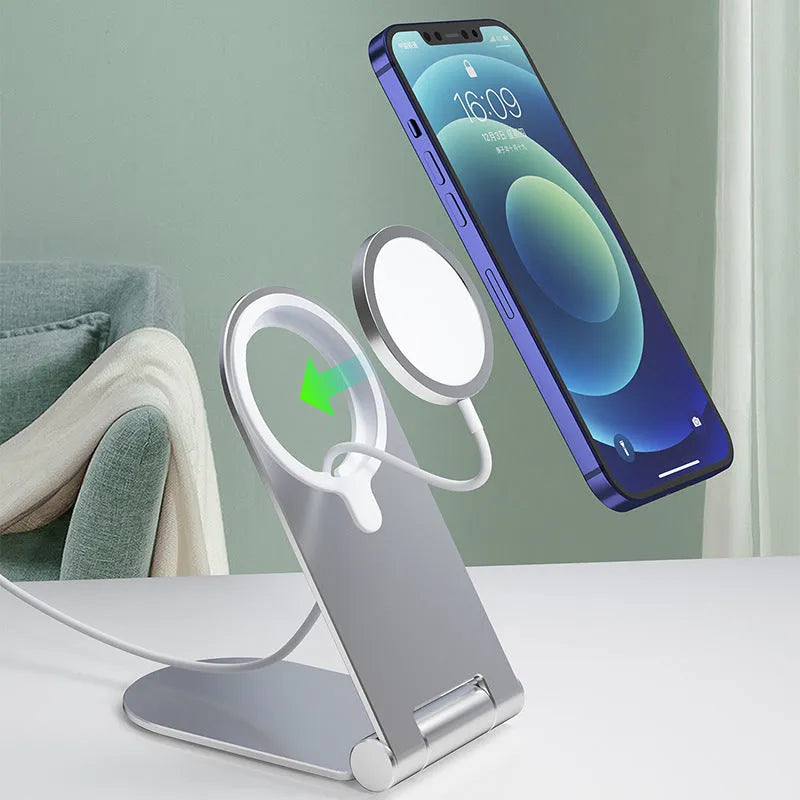 Silver vertical adjustable magnetic phone bracket showing aluminium alloy construction and iPhone12 compatibility