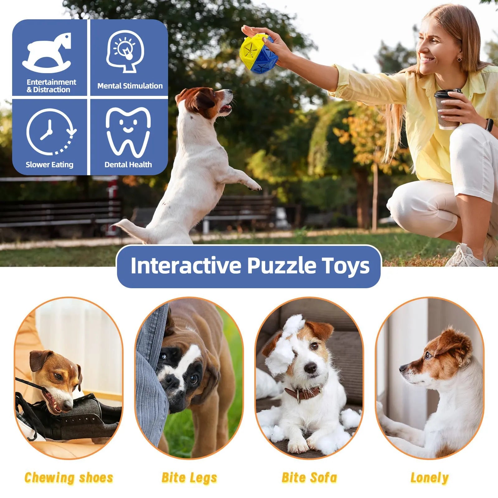 Blue bite-resistant hollow pet ball for interactive food dispensing with dogs