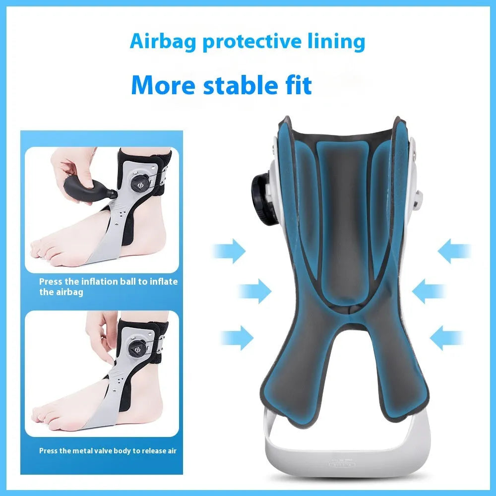 Grey and black ankle support brace with airbag button fixation, shown in left and right foot versions.