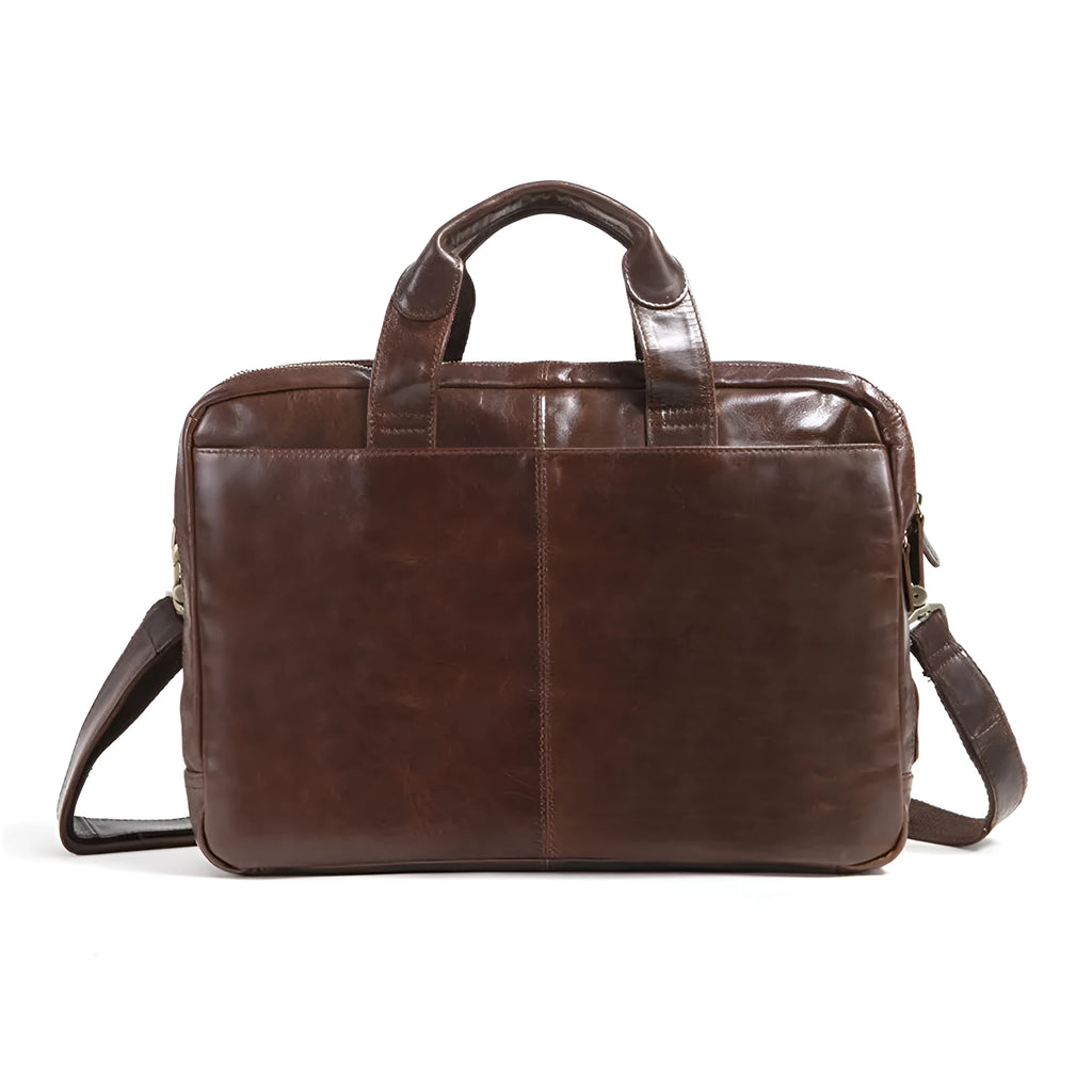 Brown leather business briefcase with visible cowhide pattern, measuring 18 inches with internal polyester cotton lining