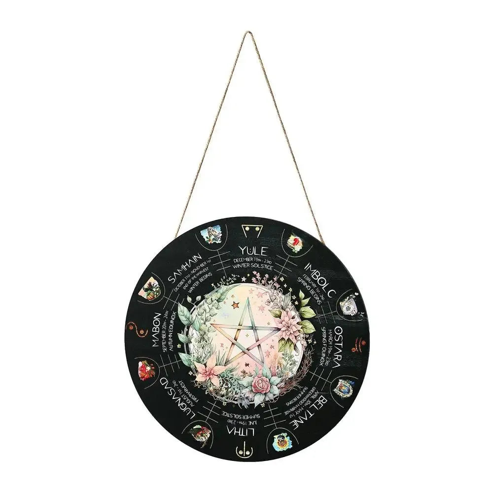 Square wooden holiday pendant with decorative disc designs on a white background.