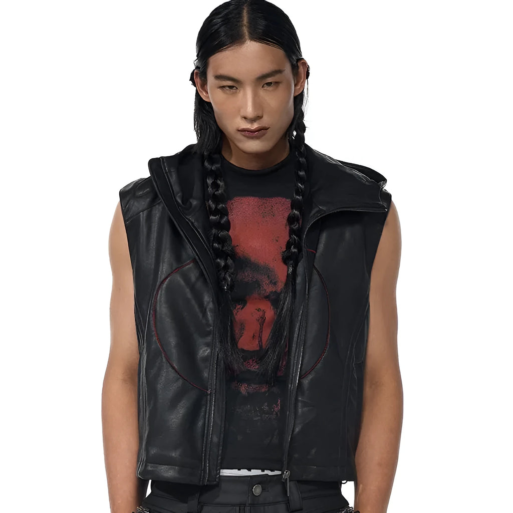 Men's black slim fit leather waistcoat coat with hood and five-pointed star decoration