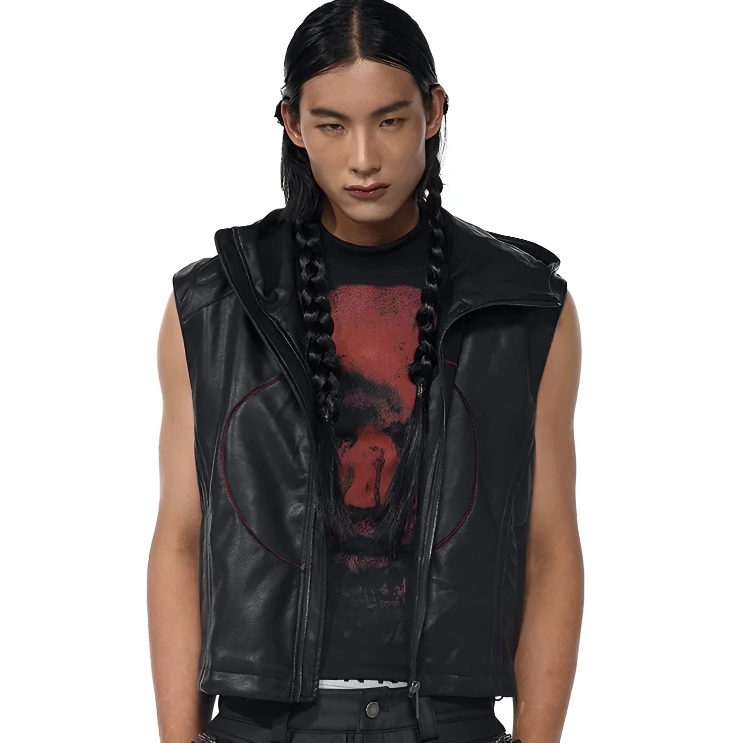 Men's black slim fit leather waistcoat coat with hood and five-pointed star decoration