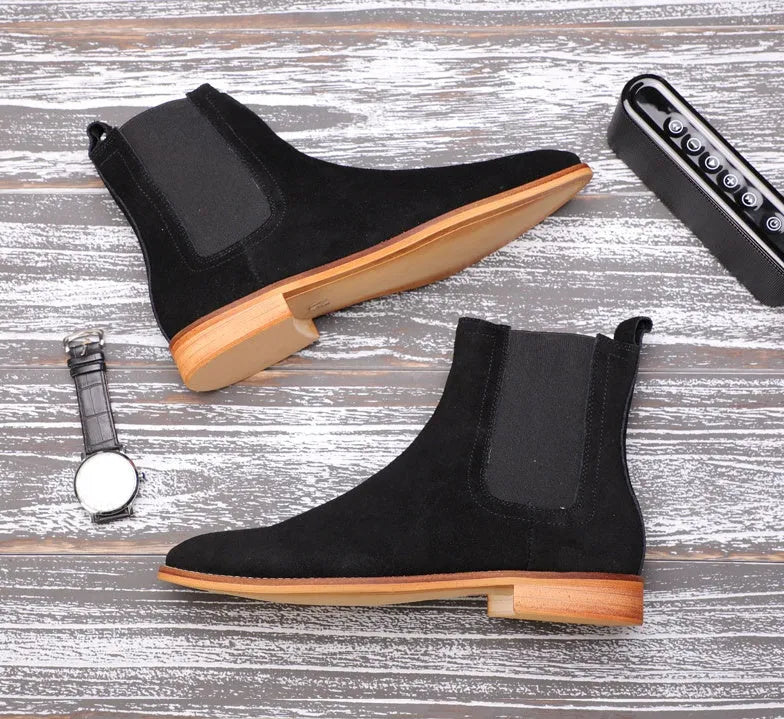 Men's genuine leather Chelsea boots in khaki with side zip closure and ankle height