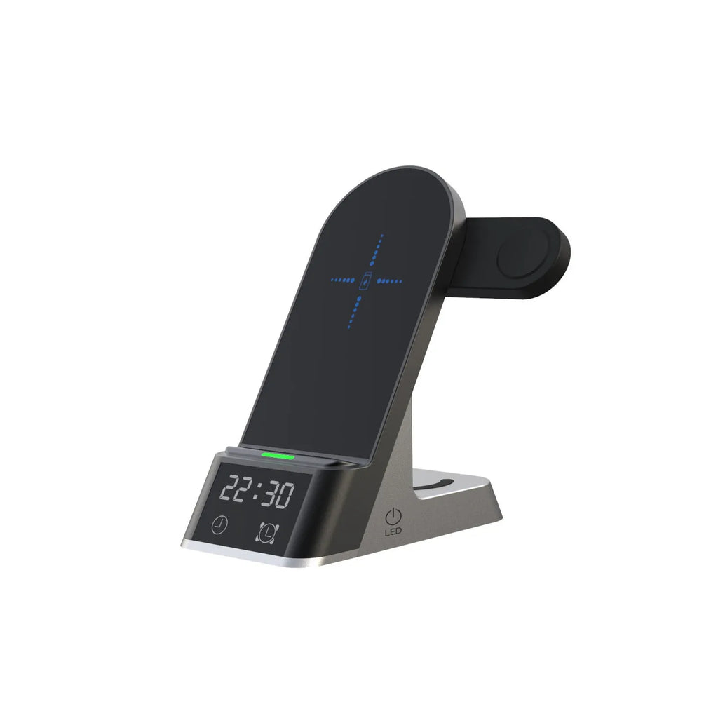Black multifunctional wireless charging alarm clock dock for phone, Apple Watch, and earbuds.