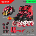 Children's adjustable roller skates in multiple colours with helmet and protective gear set.