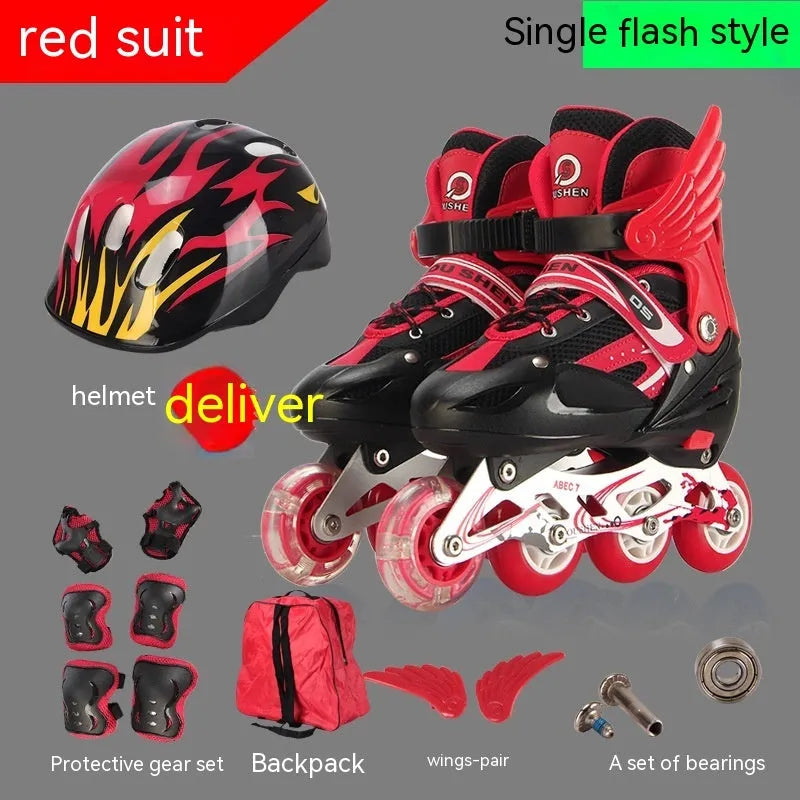 Children's adjustable roller skates in multiple colours with helmet and protective gear set.