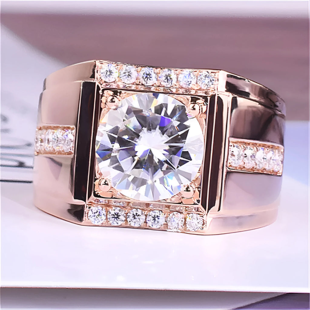 Men's adjustable geometric diamond ring in rose gold finish on a hand.