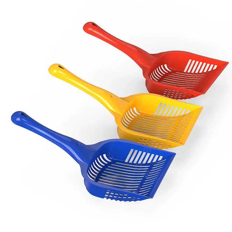 Red plastic cat litter scoop next to a yellow and blue one, showing two size options for litter tray cleaning.
