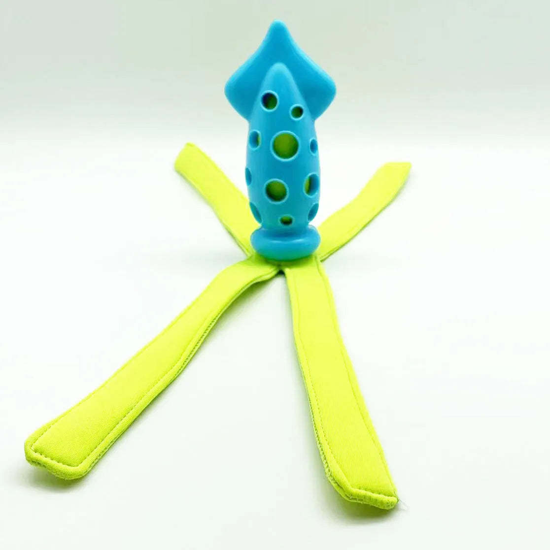 Blue cuttlefish-shaped dog chew toy with squeaky sound device for interactive play