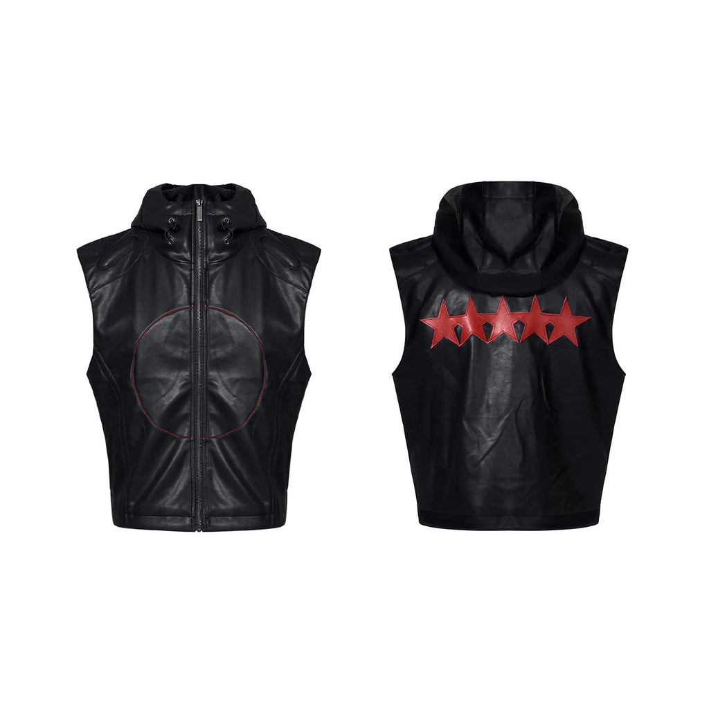 Men's black slim fit leather waistcoat coat with hood and five-pointed star decoration