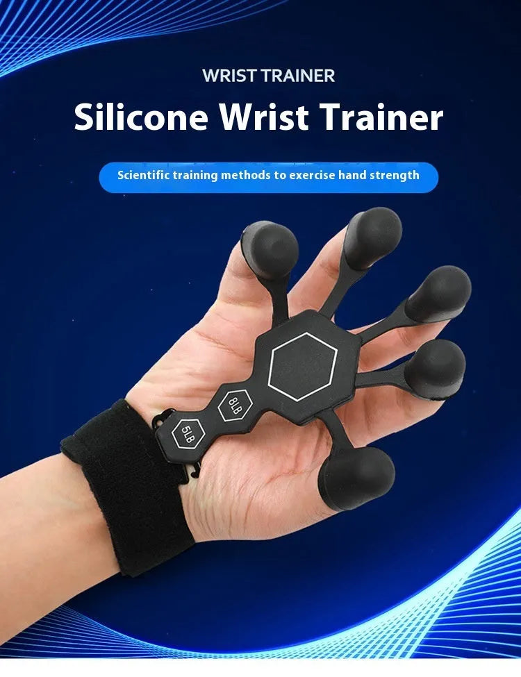 Grey and black silicone hand trainer brace for five-finger rehabilitation and strength training