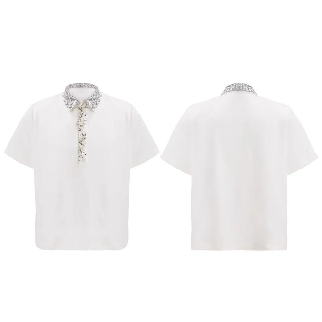 Men's black loose fit polo shirt with square collar and embroidered sequins detail on the front.