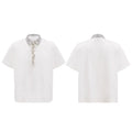 Men's black loose fit polo shirt with square collar and embroidered sequins detail on the front.