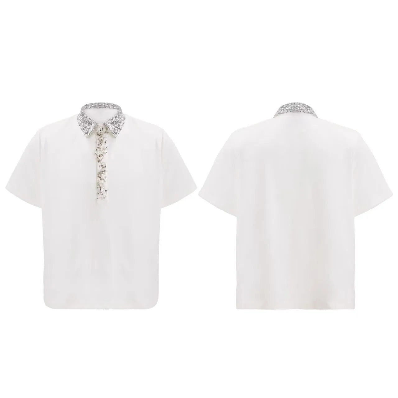 Men's black loose fit polo shirt with square collar and embroidered sequins detail on the front.
