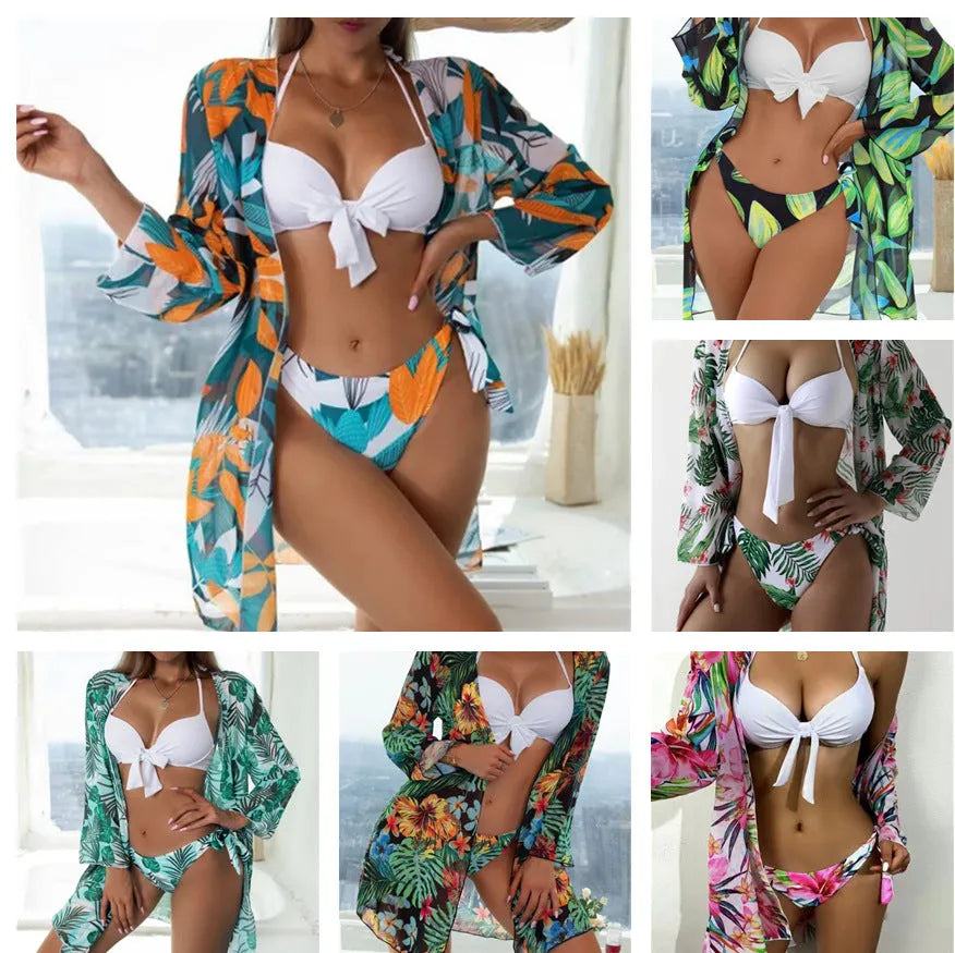 Women's three-piece polyester bikini swimsuit set with mesh split, showing top, pants, and coat.