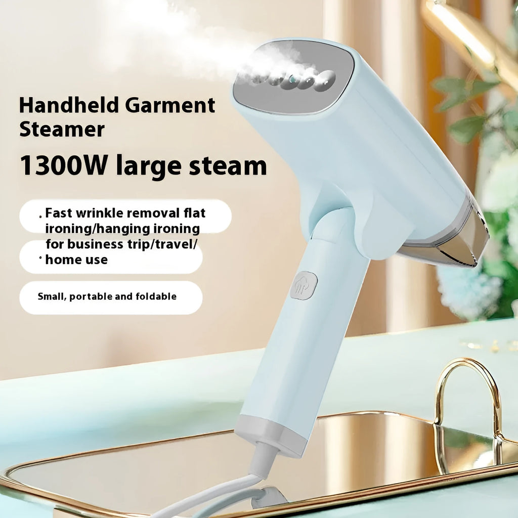Blue and white handheld garment steamer with mechanical controls and 1300W power rating