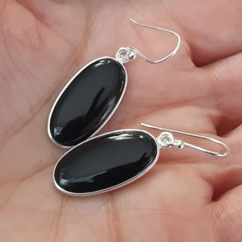 Black oval geometric pendant earrings with electroplated 925 silver alloy for women