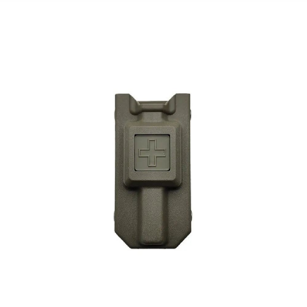 EX655 spinning windlass military tourniquet in plastic storage box, shown in army green colour.