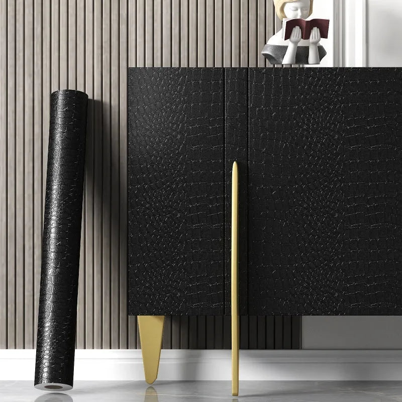 Self-adhesive black wood grain PVC wallpaper roll for furniture renovation, 40cm width