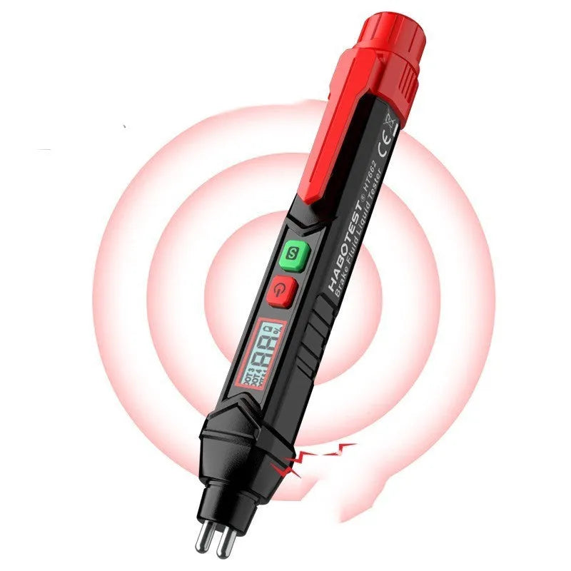 Digital display brake fluid tester pen with LCD screen on a workbench.