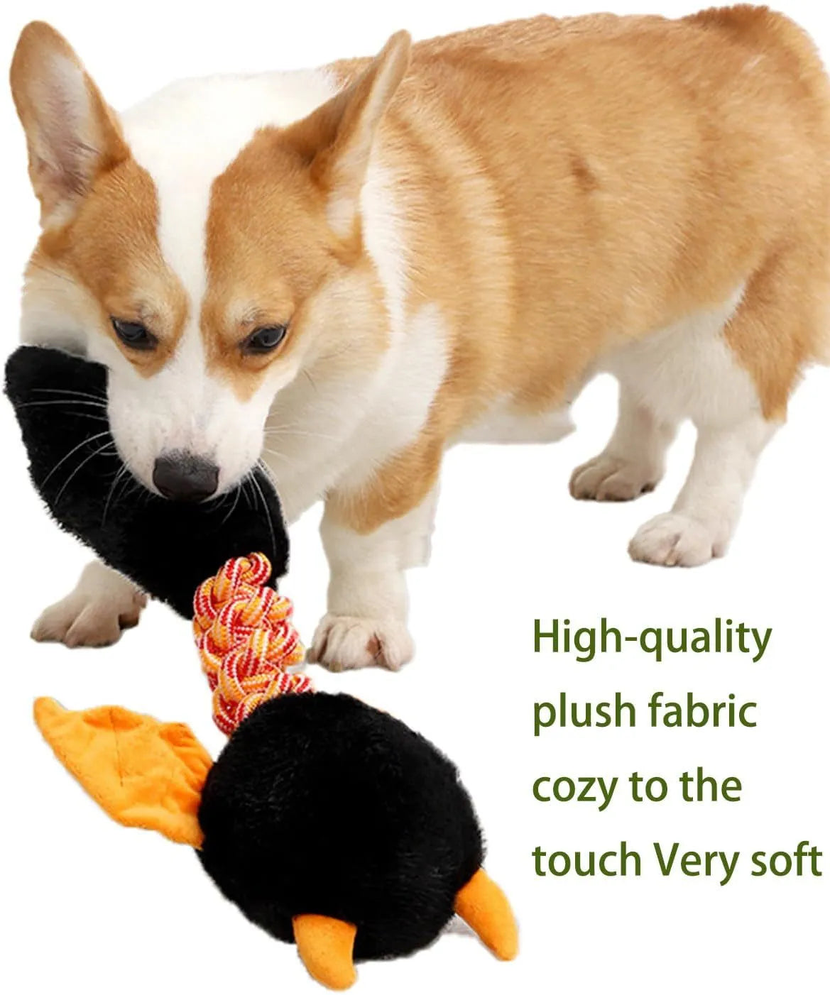 Soft plush dog toy with cartoon design, shown in green, red, or black colour.