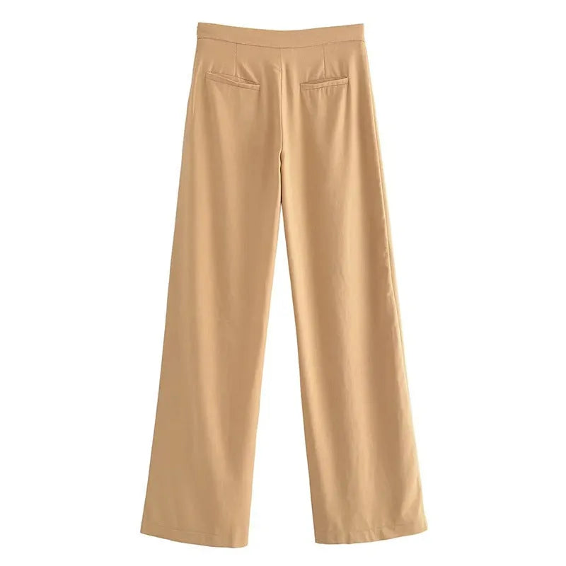 Women's casual straight linen trousers in khaki, mid-waist cotton blend with micro elasticity, sizes XS to L