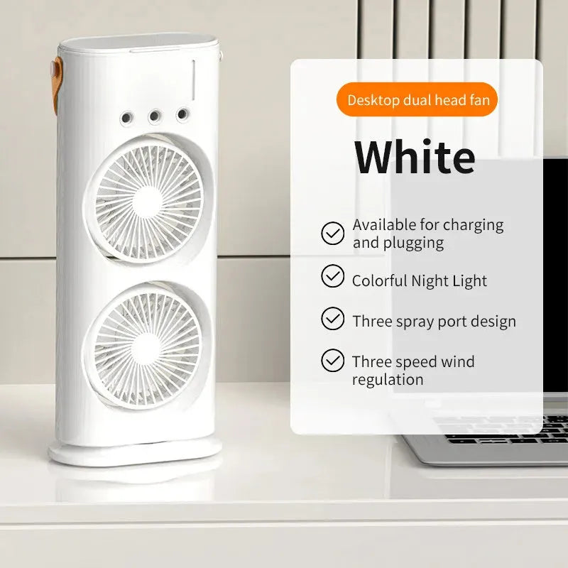 White double-ended portable USB fan with humidifying spray tank and remote control on a desk.