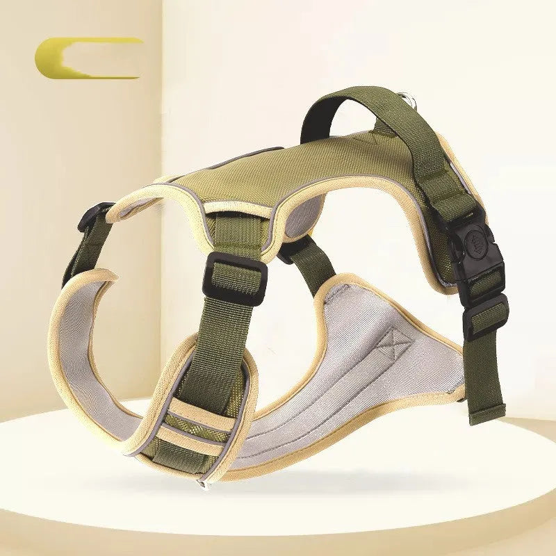 Pet chest strap harness in Army Green Oxford cloth with dog hand holding rope, suitable for 4kg-24kg dogs