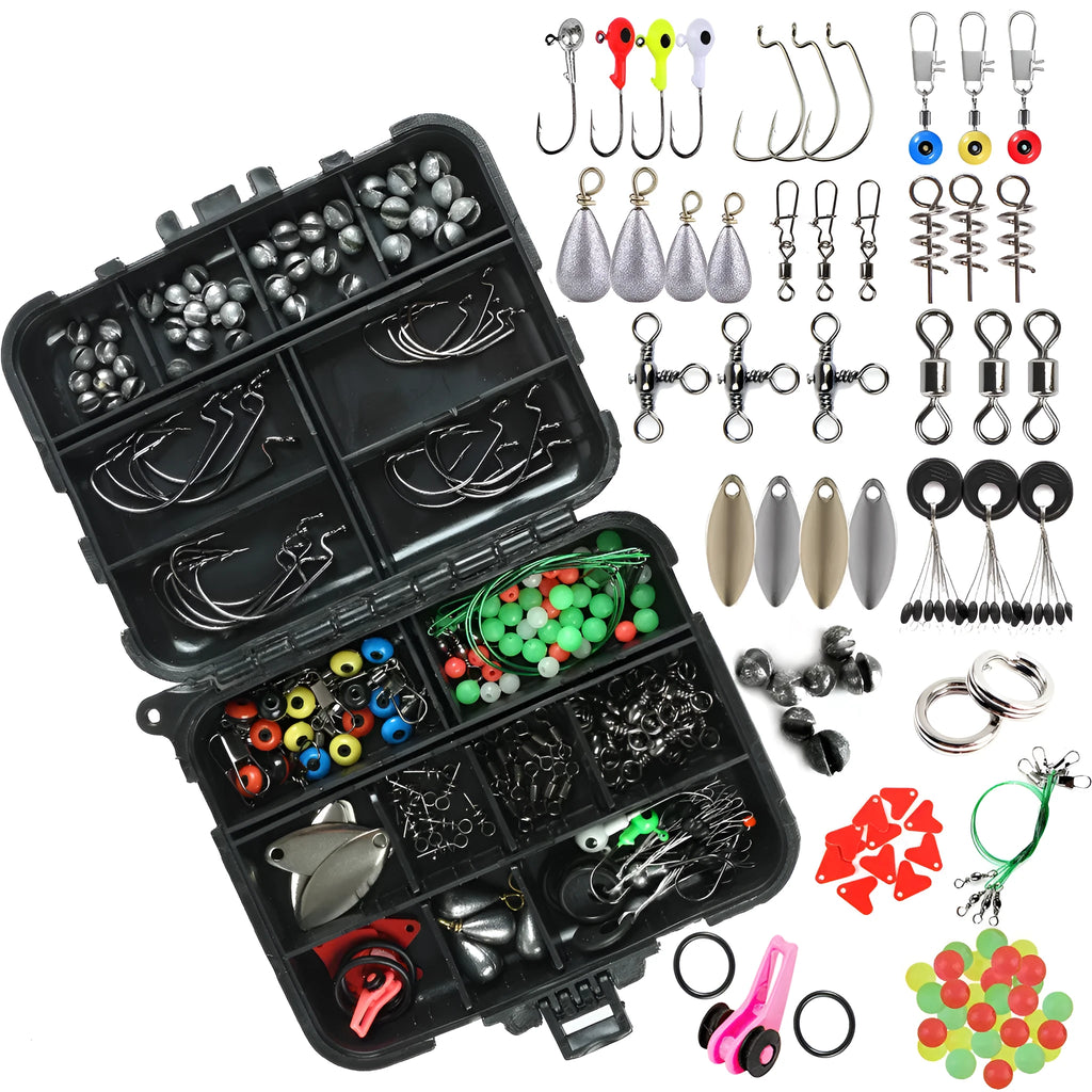 Black compact case with 188 piece stainless steel fishing accessories set, dimensions 4.7 x 3.9 x 1.2 inches