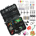 Black compact case with 188 piece stainless steel fishing accessories set, dimensions 4.7 x 3.9 x 1.2 inches