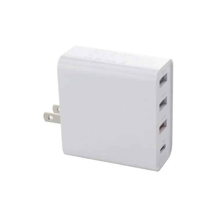 Black and white 48W four-port USB-C mobile phone wall charger with LED light.