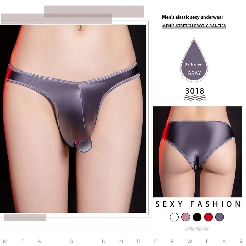 Men's low waist T-back underwear in shiny nylon fabric on a colour swatch showing black, grey, pink, red and white.