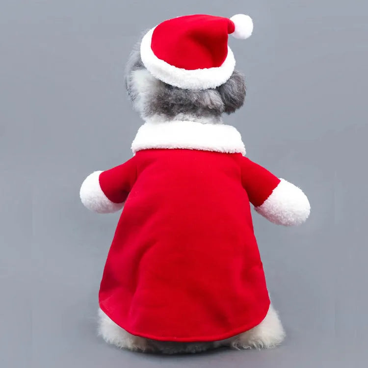 Red polar fleece Santa Claus costume for a small dog or cat, shown on a mannequin.