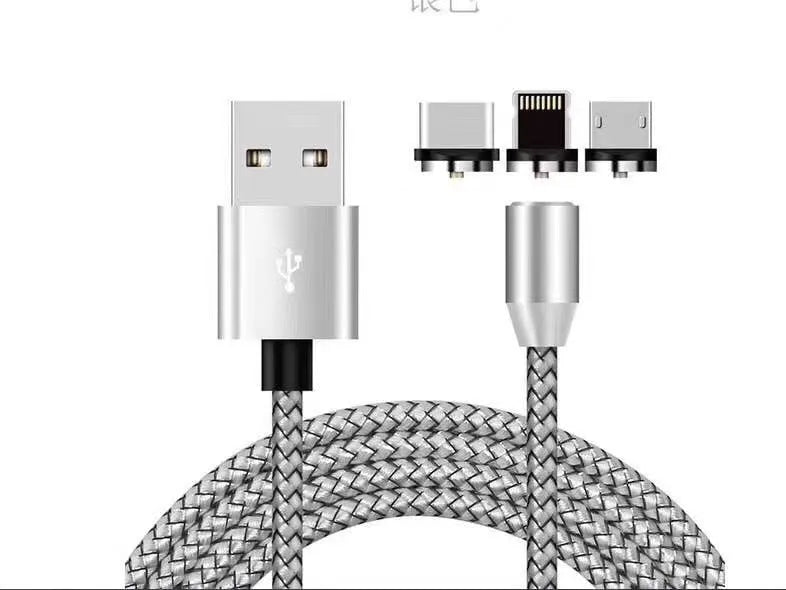 3-in-1 magnetic charging cable with Android, Type C, and Apple connectors in multiple colours