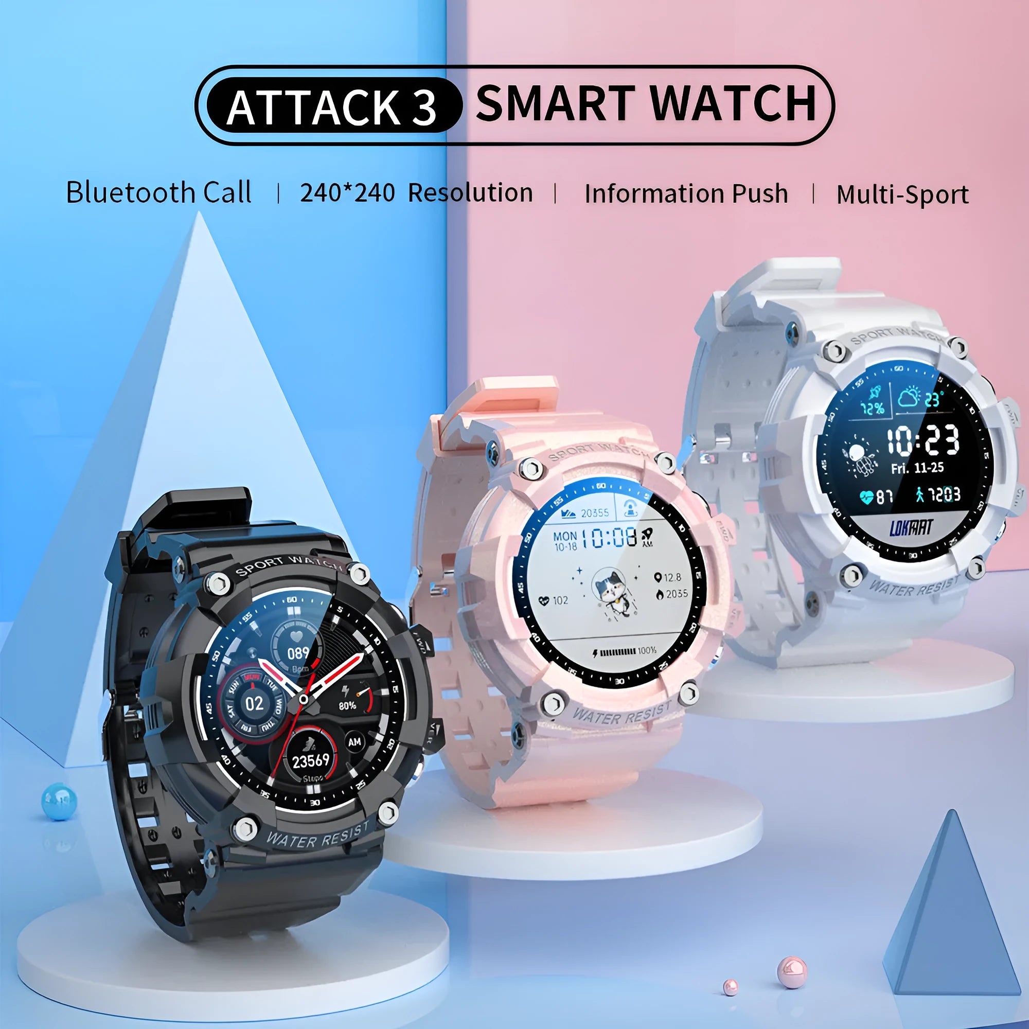 ATTACK 3 IP67 waterproof smart sports watch with round colour screen on TPU strap