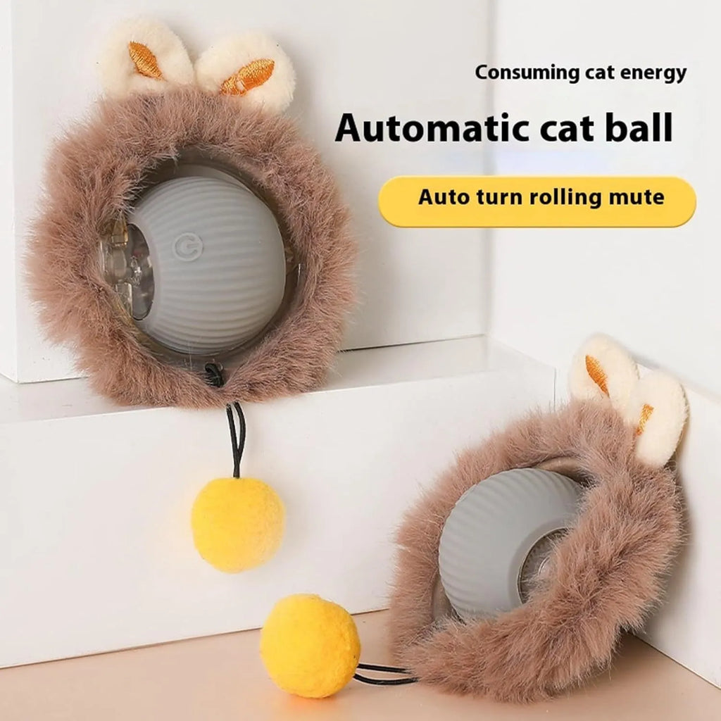 Automatic rotating pet ball toy in grey, green, or red colours with string attachment for dogs and cats