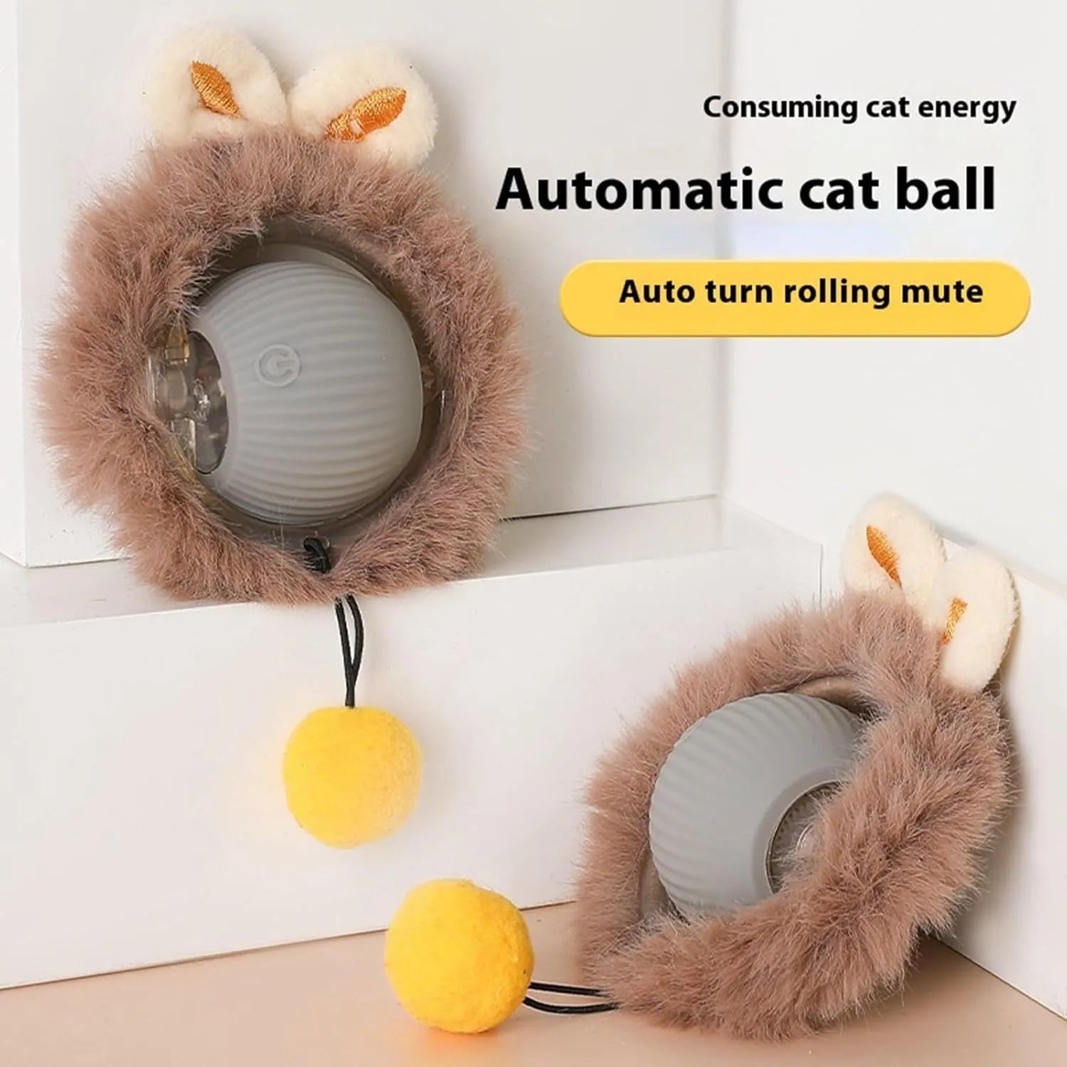 Automatic rotating pet ball toy in grey, green, or red colours with string attachment for dogs and cats