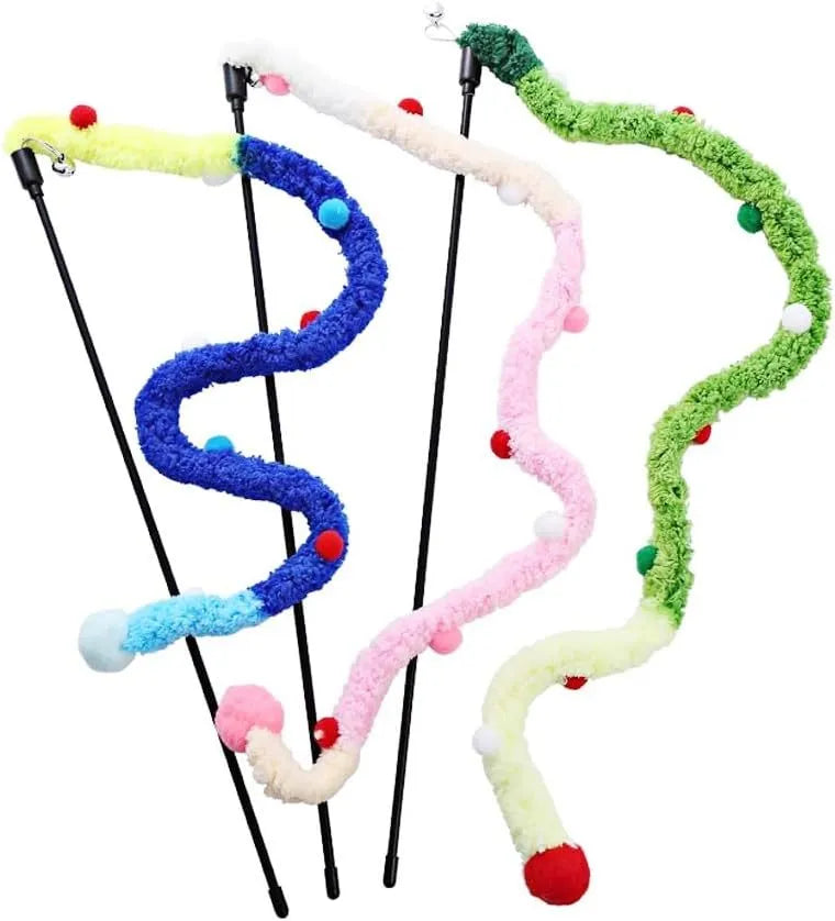 Blue cat teaser wand with a long plush strip and fluffy bell toy on a 41cm pole.