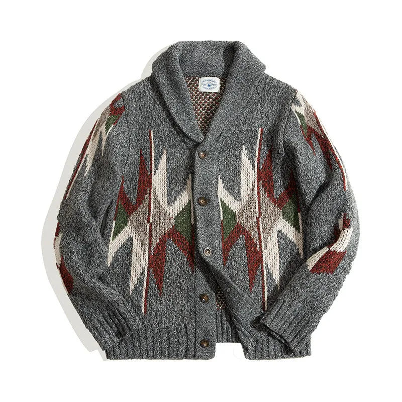 Men's thick polyester fibre lapel cardigan jacket in dark grey, long sleeves, casual front view