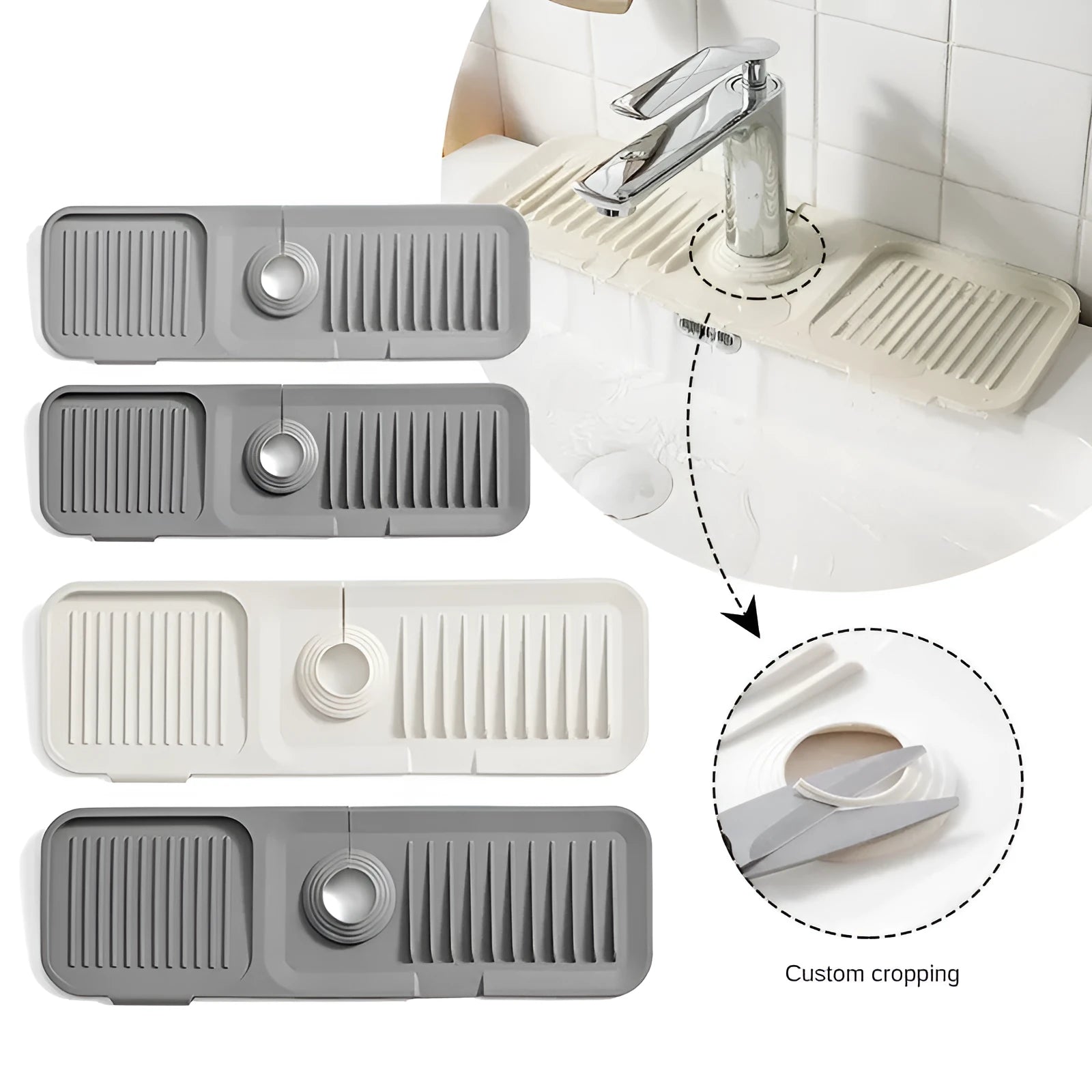 Beige silicone sink splash guard with sloped design and drainage channels placed under a kitchen faucet.