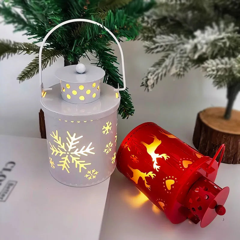 Nordic style wrought iron electronic candle lantern with LED light in green, red, or white.