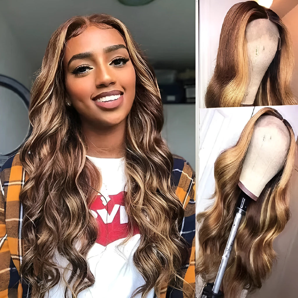 Front lace synthetic wig with long black gradient curly hair in a big wave style.