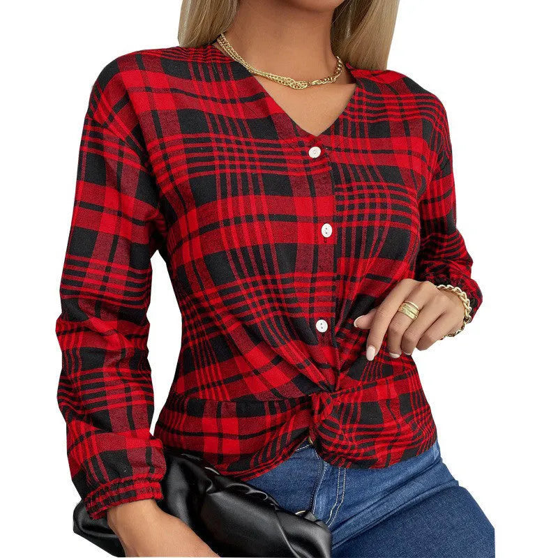Women's loose fit plaid shirt in purple, gray or red with regular sleeves and polyester fabric