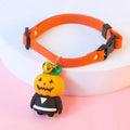 Halloween dog collar decoration showing pumpkin man, luminous brat, and luminous skull cartoon patterns on polyester fabric