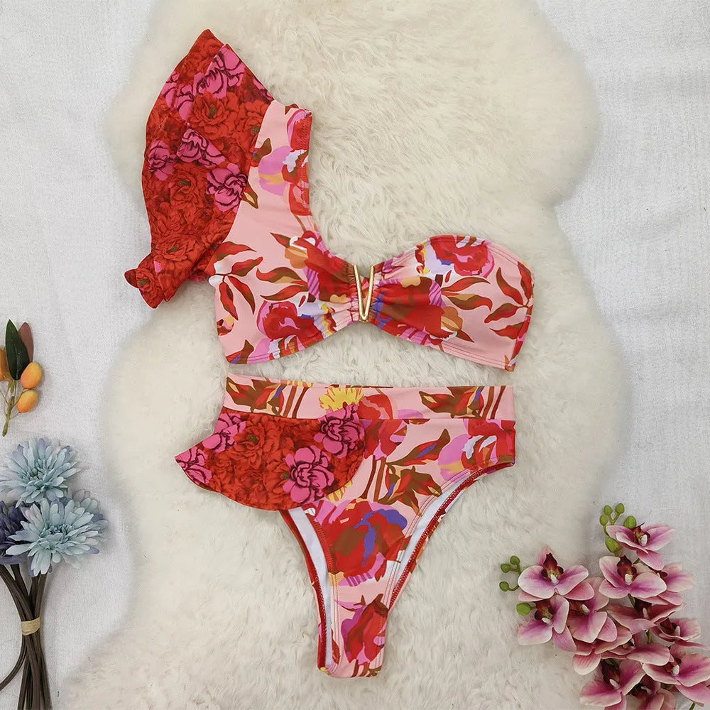 Women's pink floral print one-shoulder bikini with ruffled detailing and high-waist briefs