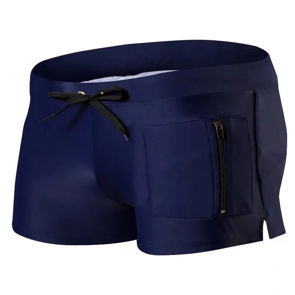 Men's high waist swimming trunks with lace-up front in solid colour