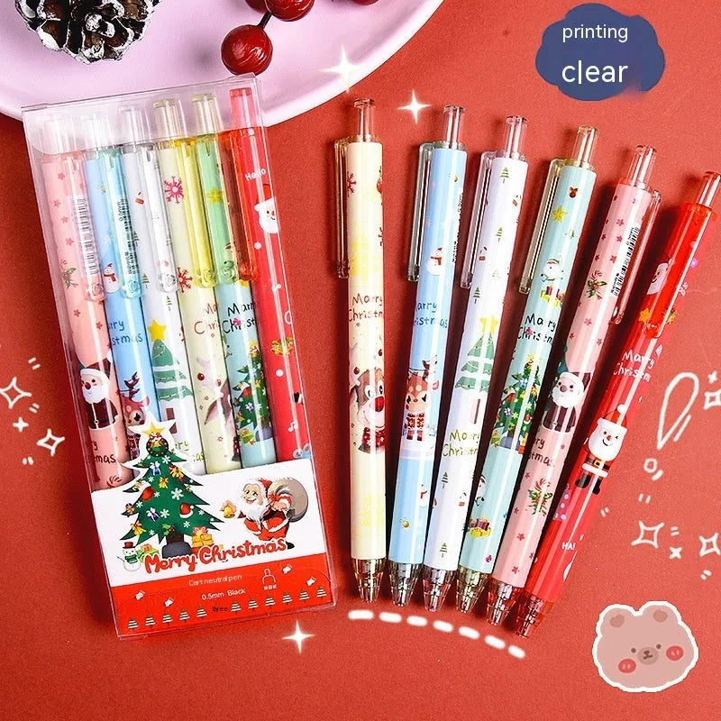 Cartoon design Christmas reward gift signature pen set with 6 pieces and black refills
