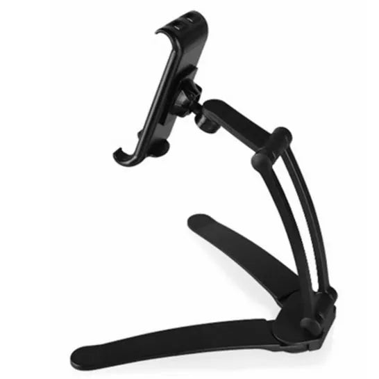 Silver aluminium alloy desktop tablet stand with adjustable clips and 360-degree rotation on a white mount.